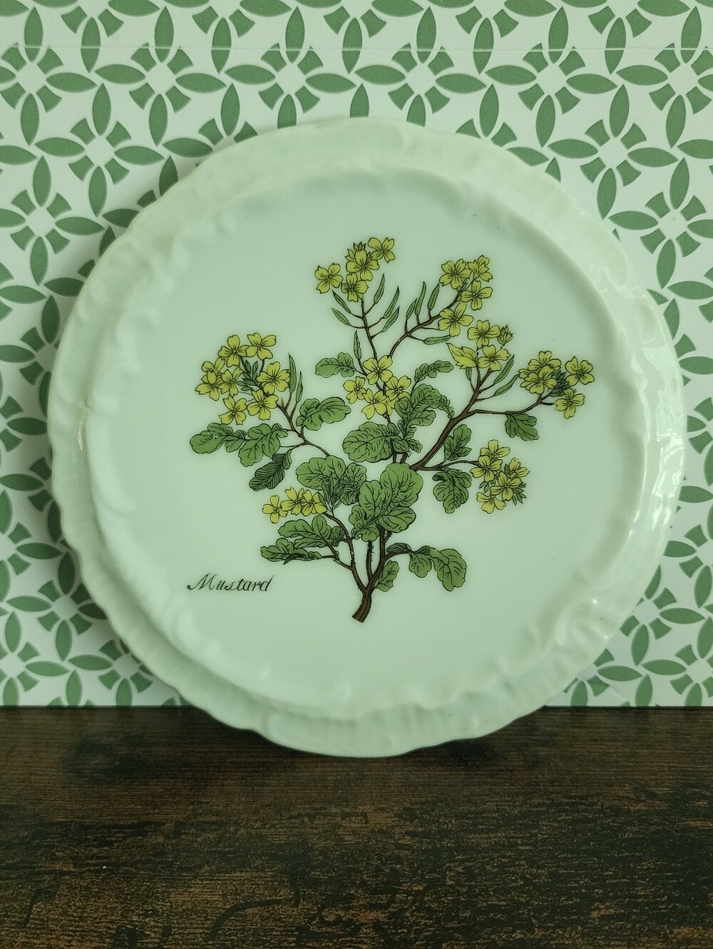 Vintage White Ceramic Plate with Yellow Floral Mustard Design